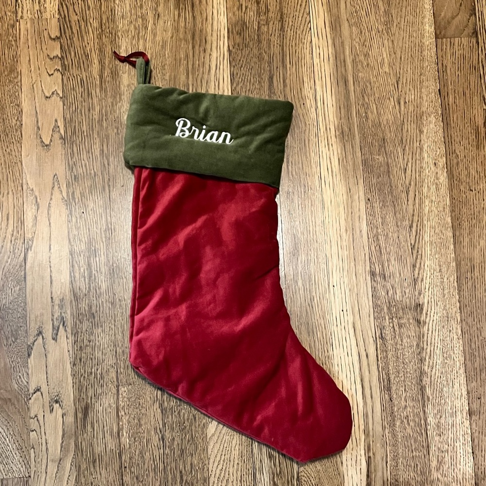 Pottery Barn personalized medium (19.5” L) velvet stocking